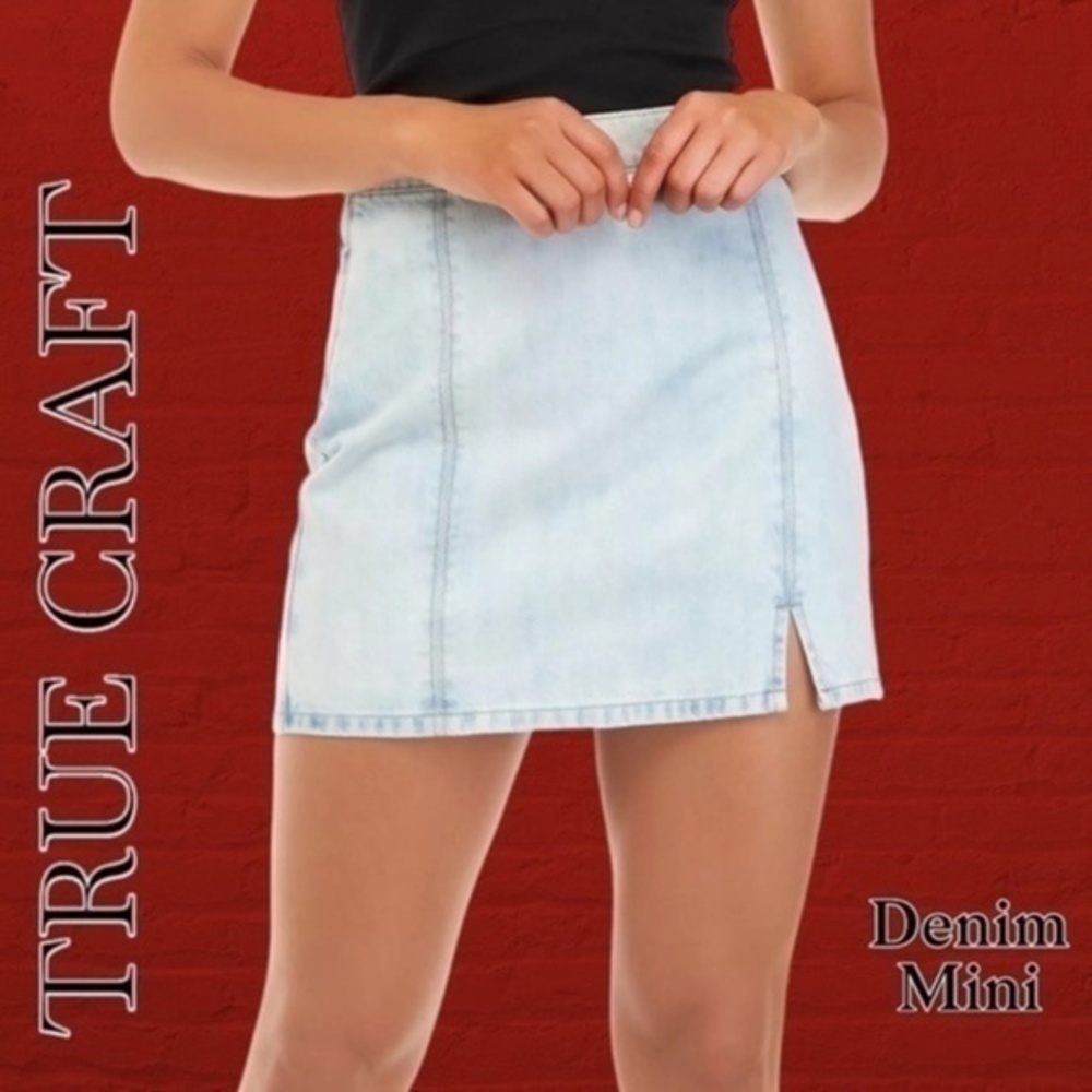 TRUE CRAFT 100% Cotton Sun-Bleached Vertical Seam Side Zip Denim MiniSkirt NWT